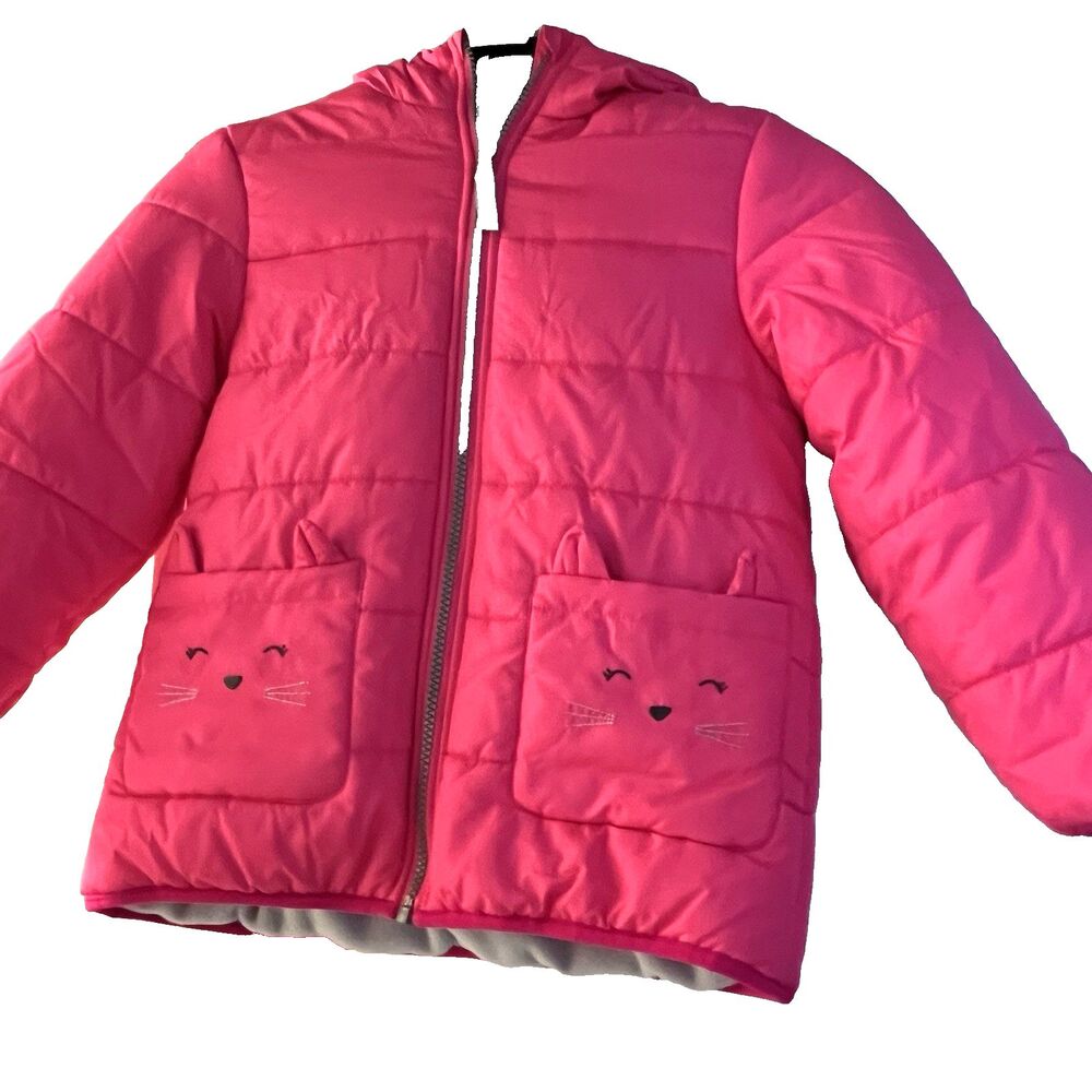 Carter’s Pink Quilted Kitty Cat Puffer Jacket Fleece Lined Winter Coat Sz7 L - Picture 2 of 16